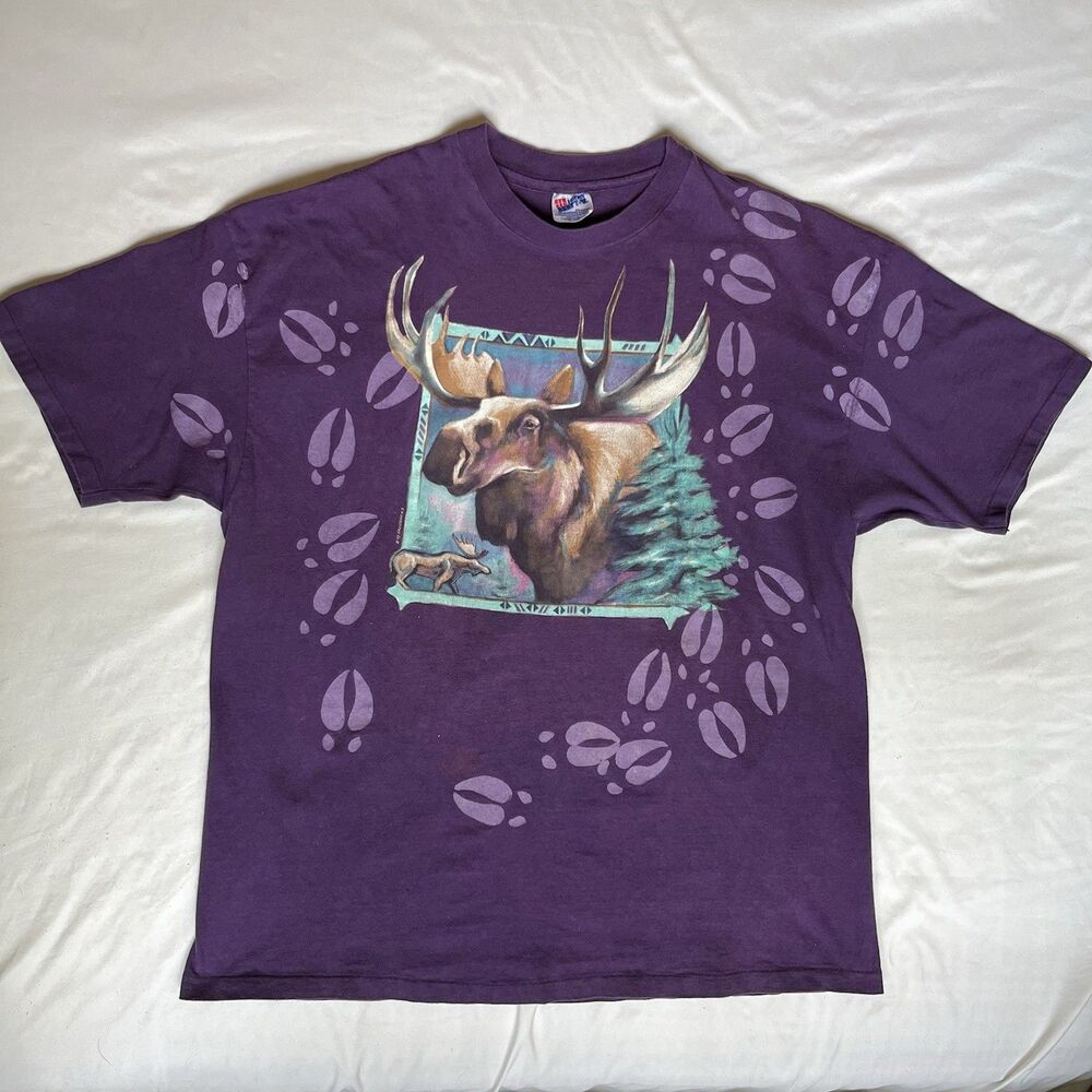 VTG 90s Moose Art AOP T shirt Hanes Beefy 2XL Single Stitch USA Made Nature Tee